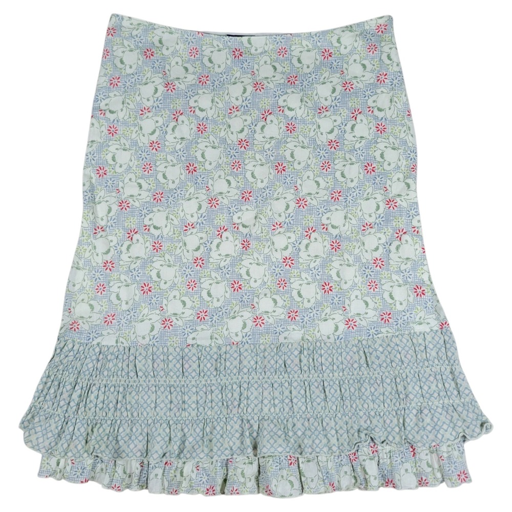 Y2K American Eagle Skirt Women 0 Blue Green Floral Ruffle Hem Cotton Cottagecore